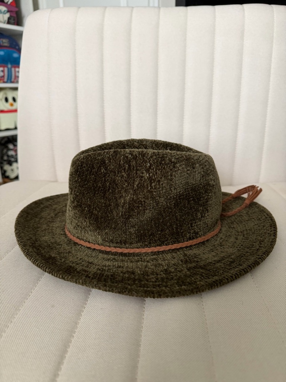 Olive Green Velvet Wide-Brim Hat with Braided Band